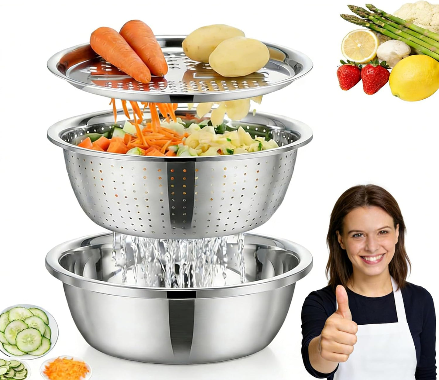 3-in-1 Stainless Steel Grater Bowl Set