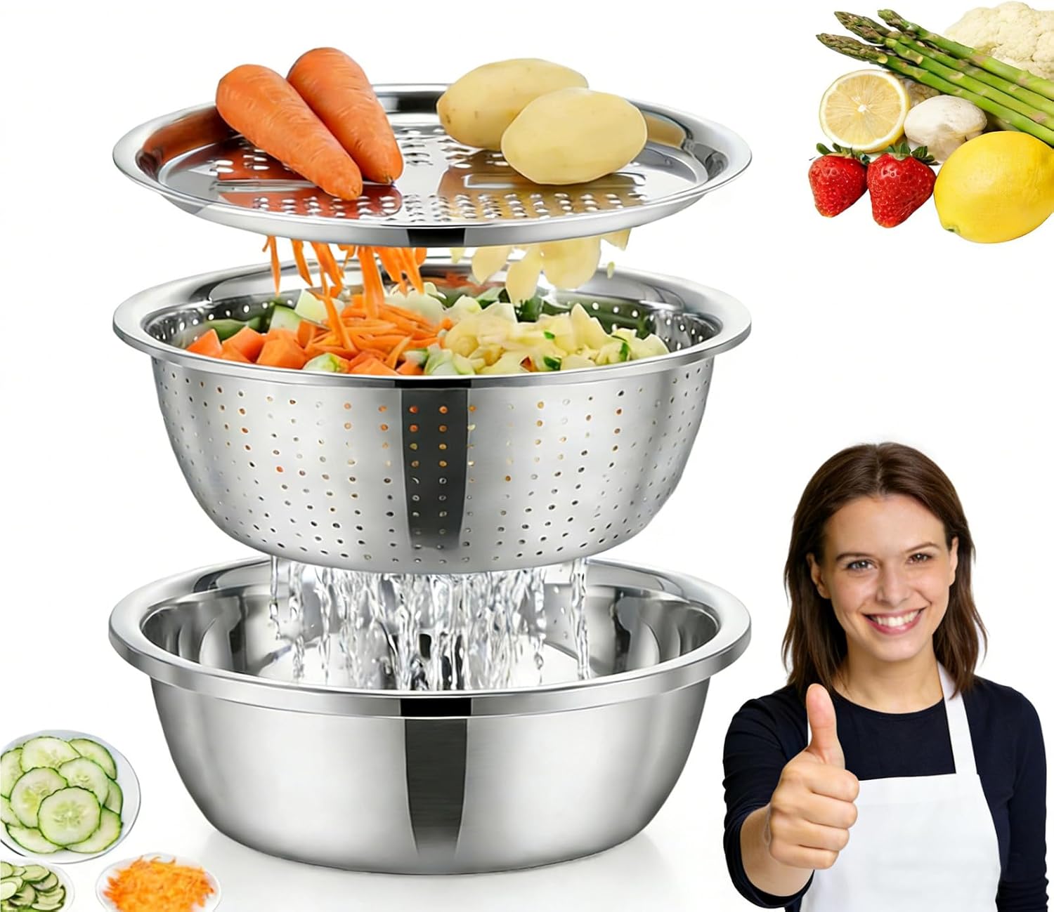 3-in-1 Stainless Steel Grater Bowl Set