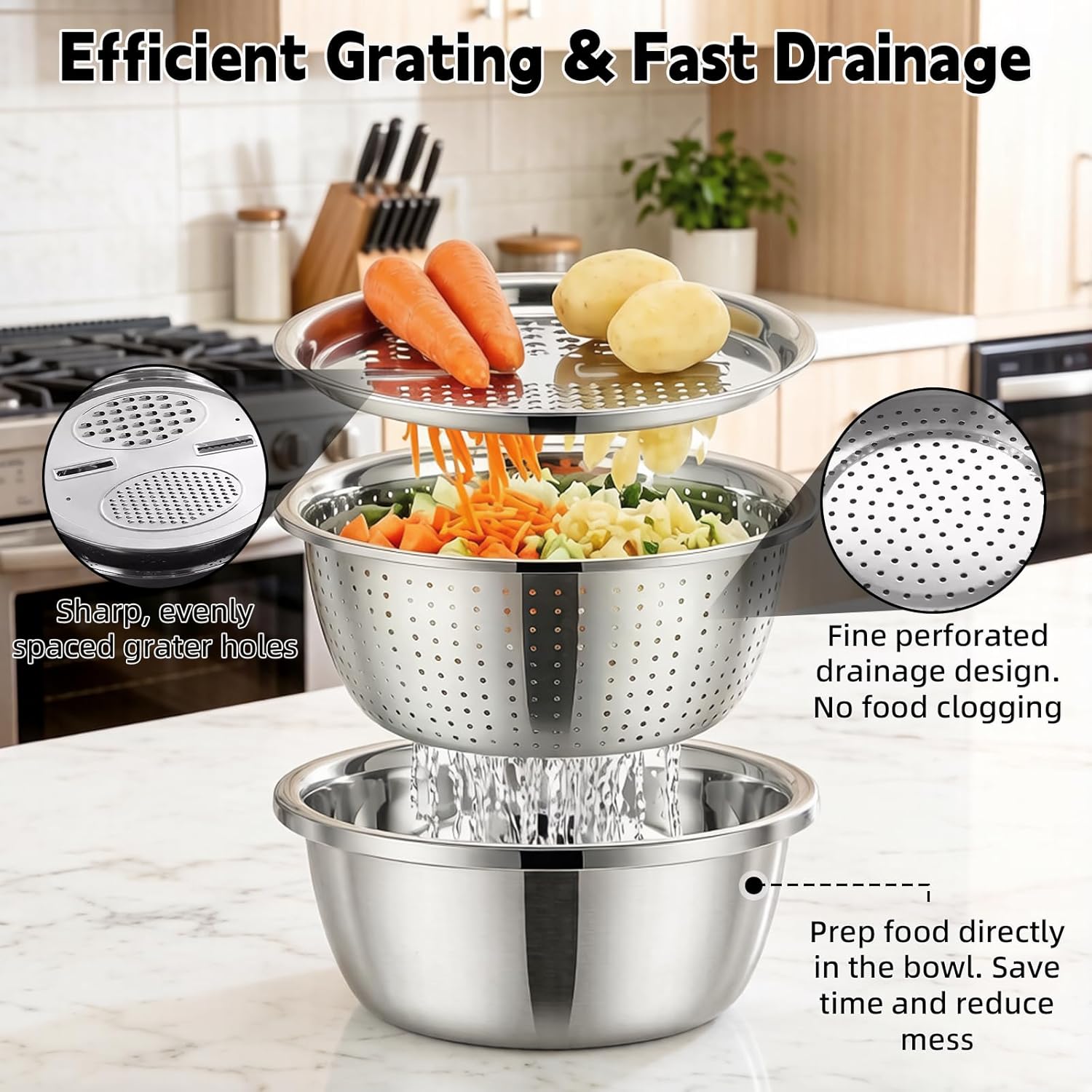 3-in-1 Stainless Steel Grater Bowl Set