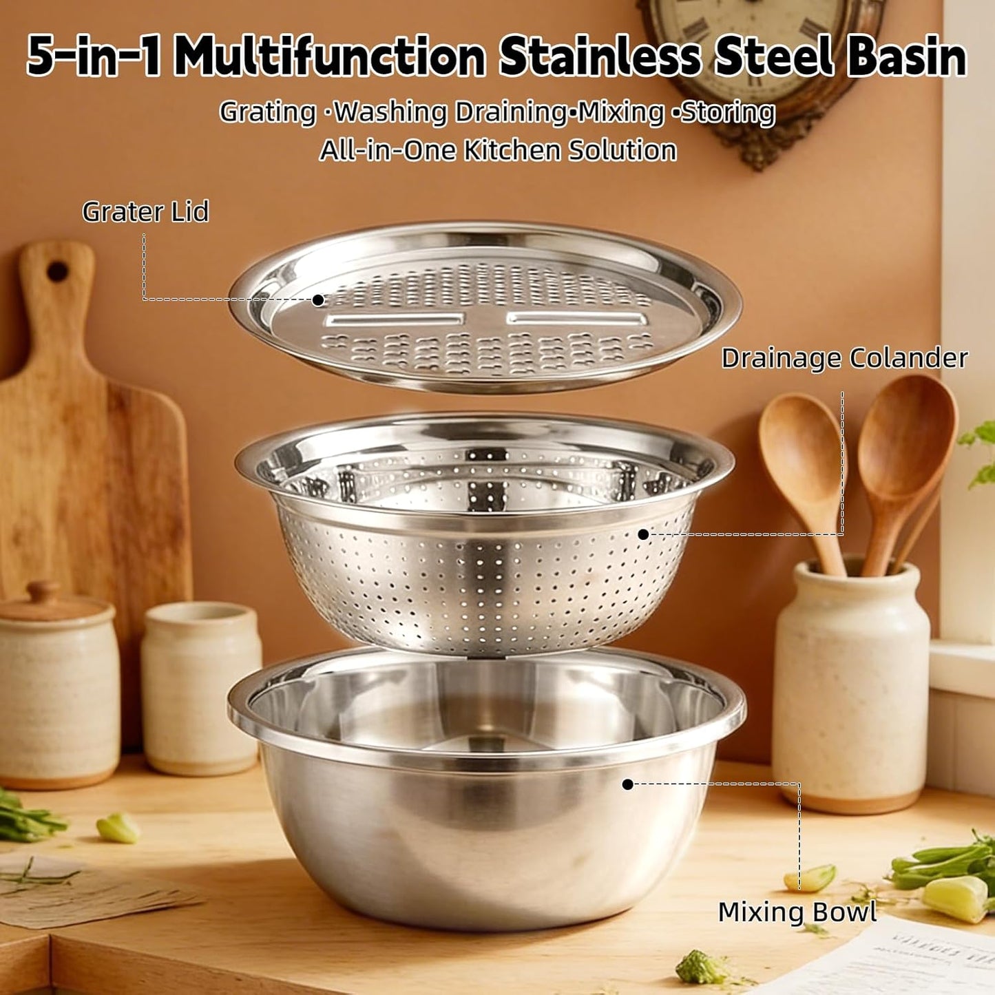 3-in-1 Stainless Steel Grater Bowl Set