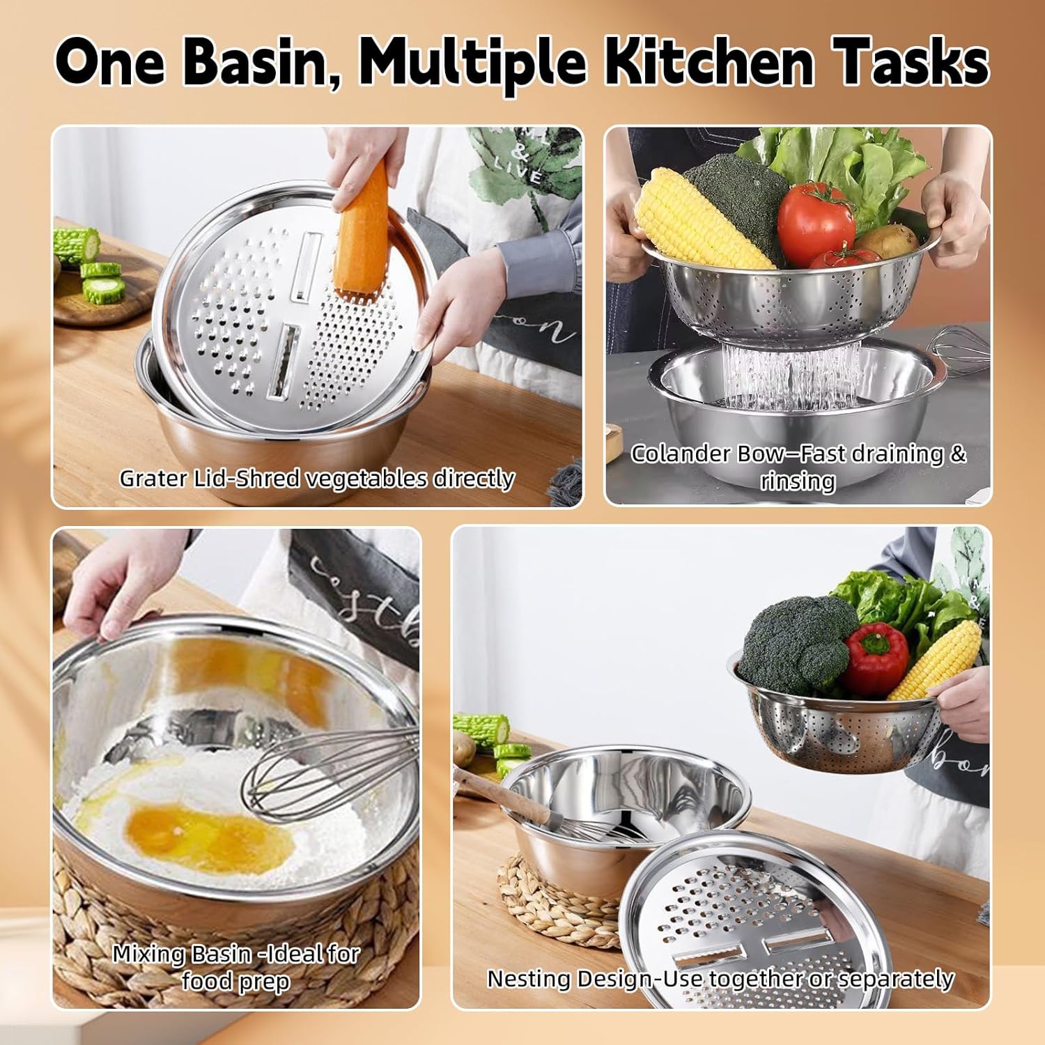 3-in-1 Stainless Steel Grater Bowl Set